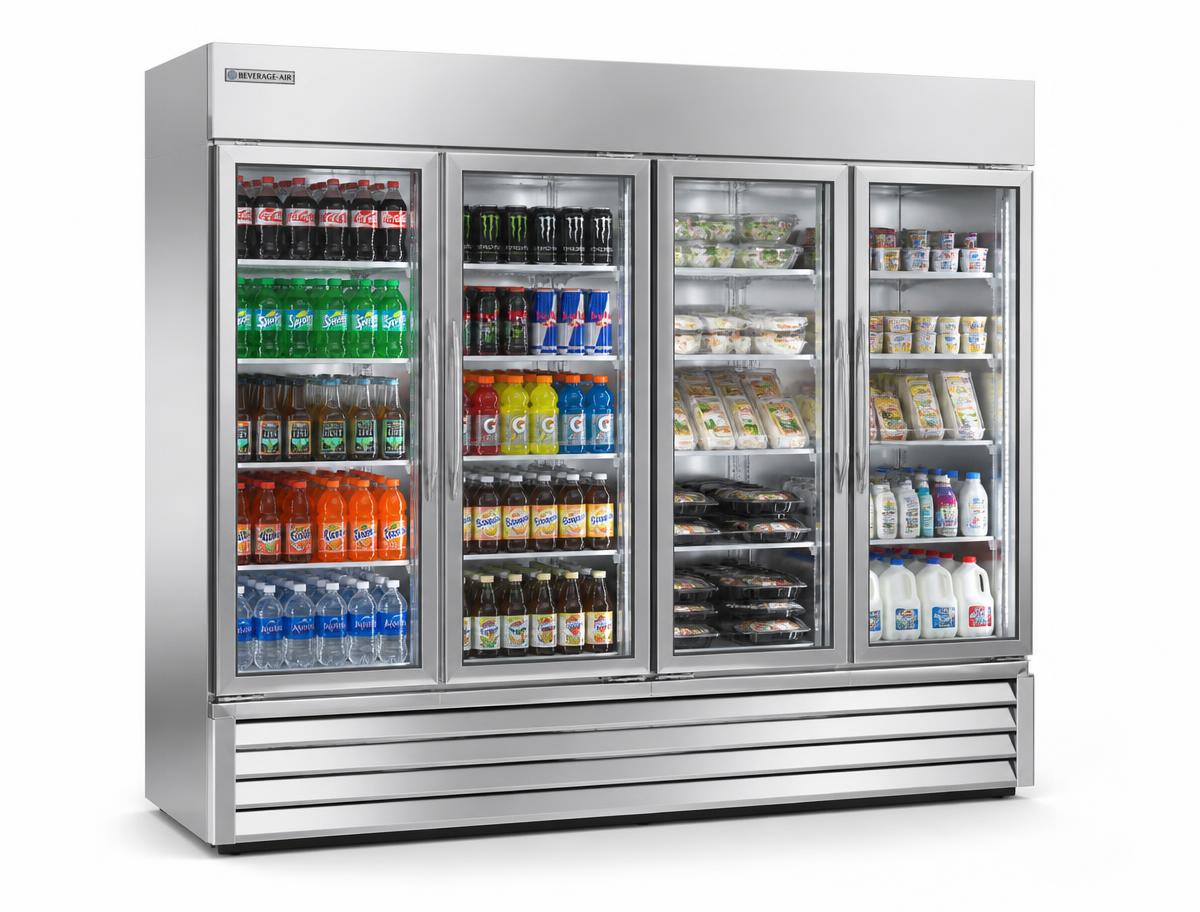 Câmara fria com portas de vidro abastecida com bebidas e alimentos